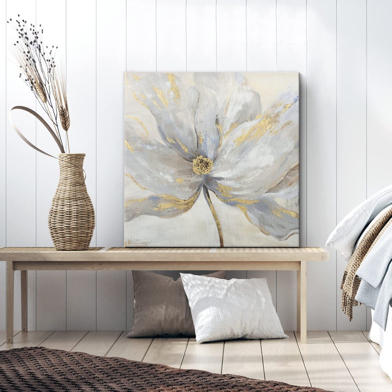 Goldfoilart Floral Wall Art Gold Flower Canvas Pictures with Foil Embellishment Painting Grey Print Framed Artwork for Bedroom Bathroom Living Room Office Wall Decor 24" x 24" - Image 2